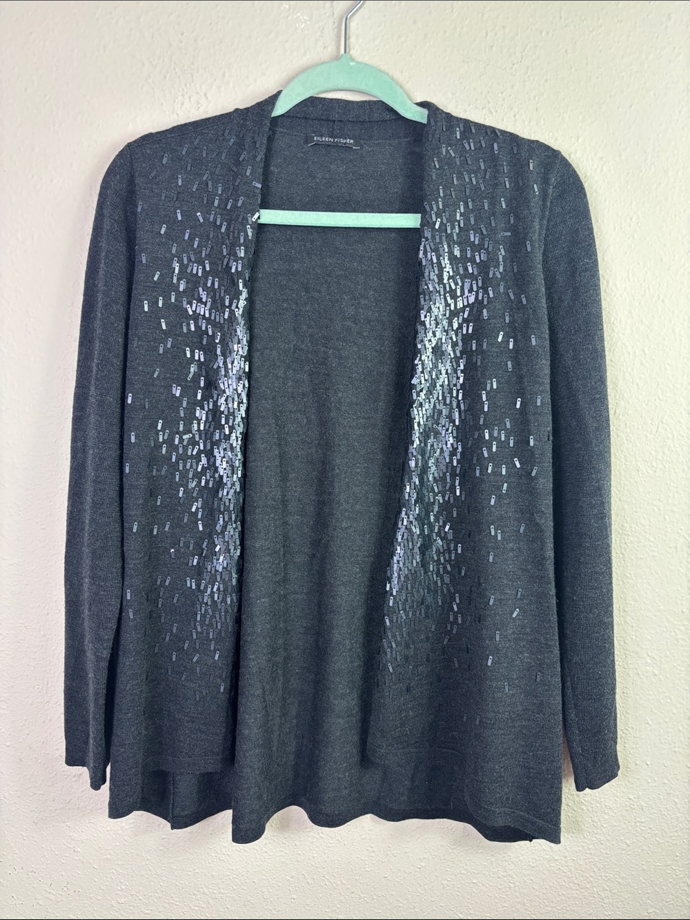 Eileen Fisher 100% Merino Open Front Sequin Cardigan Charcoal Grey size small